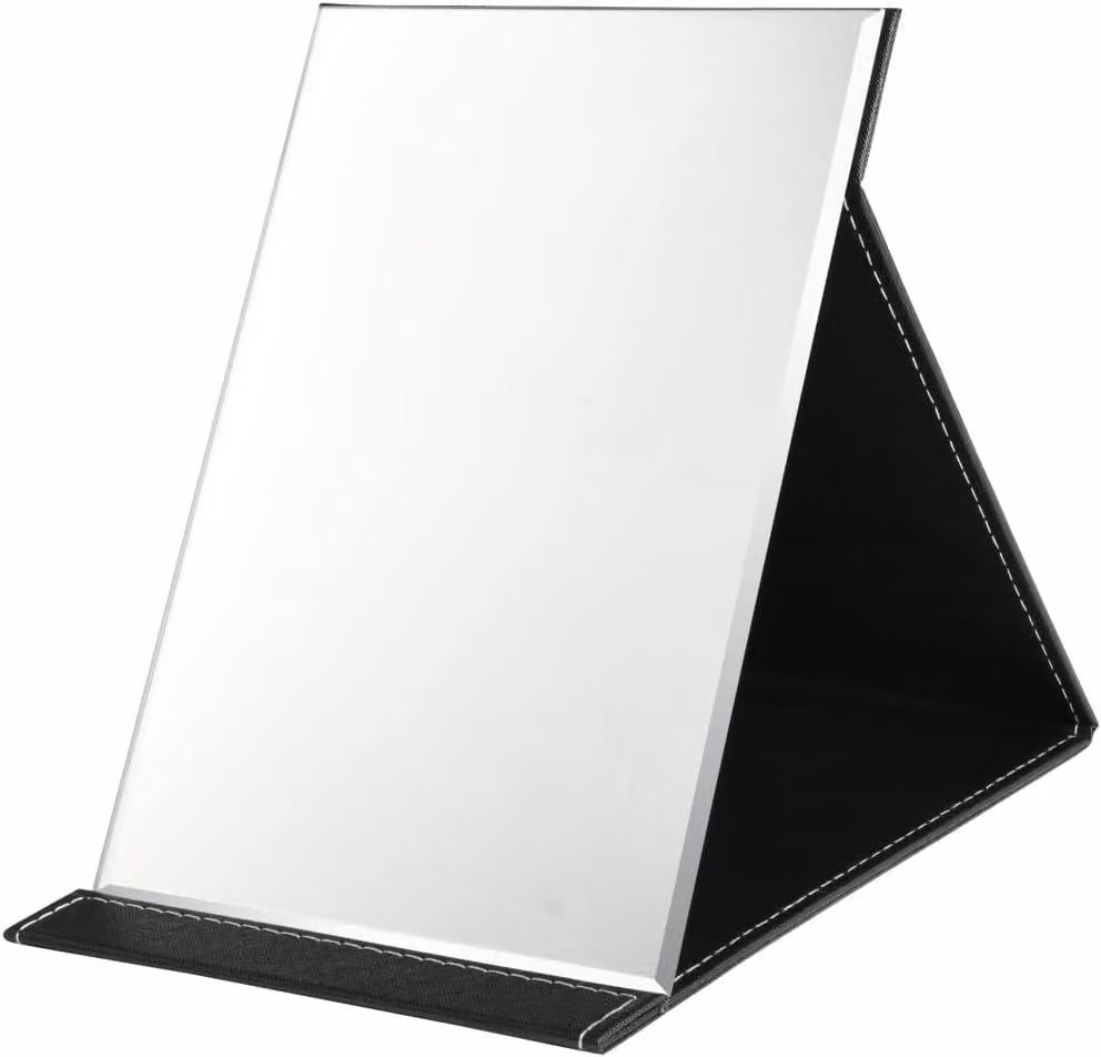 Specchio pieghevole, dimensioni 21,5x15,5 cm, rivestito in ecopelle nera, portatile, ideale per l'ufficio e i viaggi