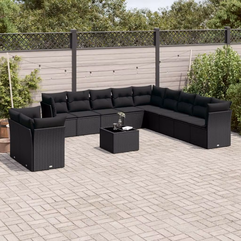 vidaXL Set Divani da Giardino a Forma di U con Tavolino da Caffè Nero in Polyrattan e Cuscini Inclusi – 1