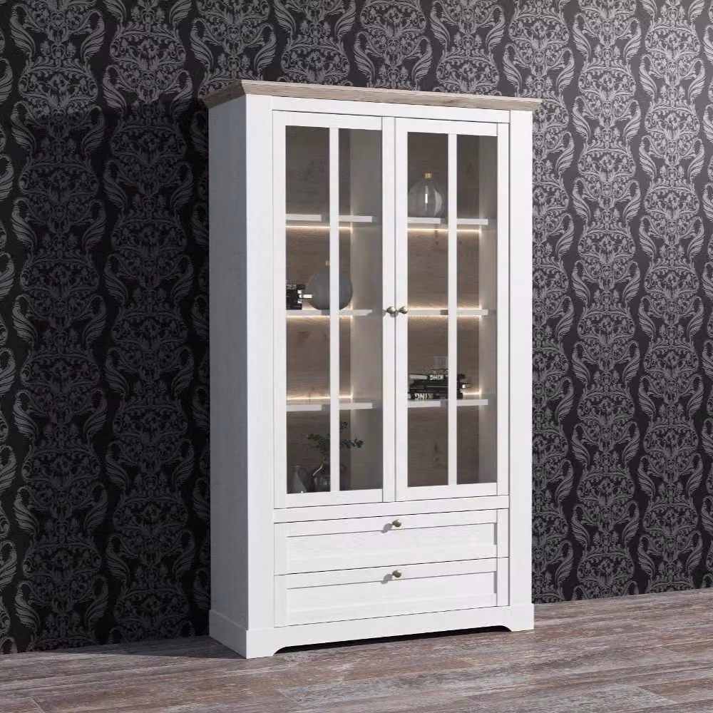 Vetrina Moderna TEZETA con Ante in Vetro, Luci LED Integrate e 2 Cassetti, Colore Bianco e Rovere, L/P/H: 126 x 44,3 x 209,8 cm – 2