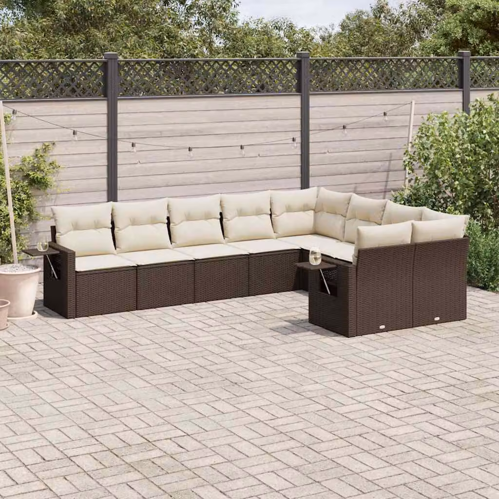 vidaXL Set di Divani da Giardino a L in Polyrattan Marrone con Cuscini Bianchi – 1