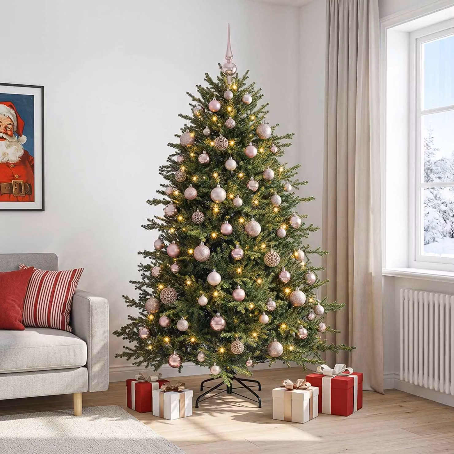 Albero di Natale artificiale verde vidaXL con 300 LED luce bianca calda e decorazioni, Altezza: 210 cm