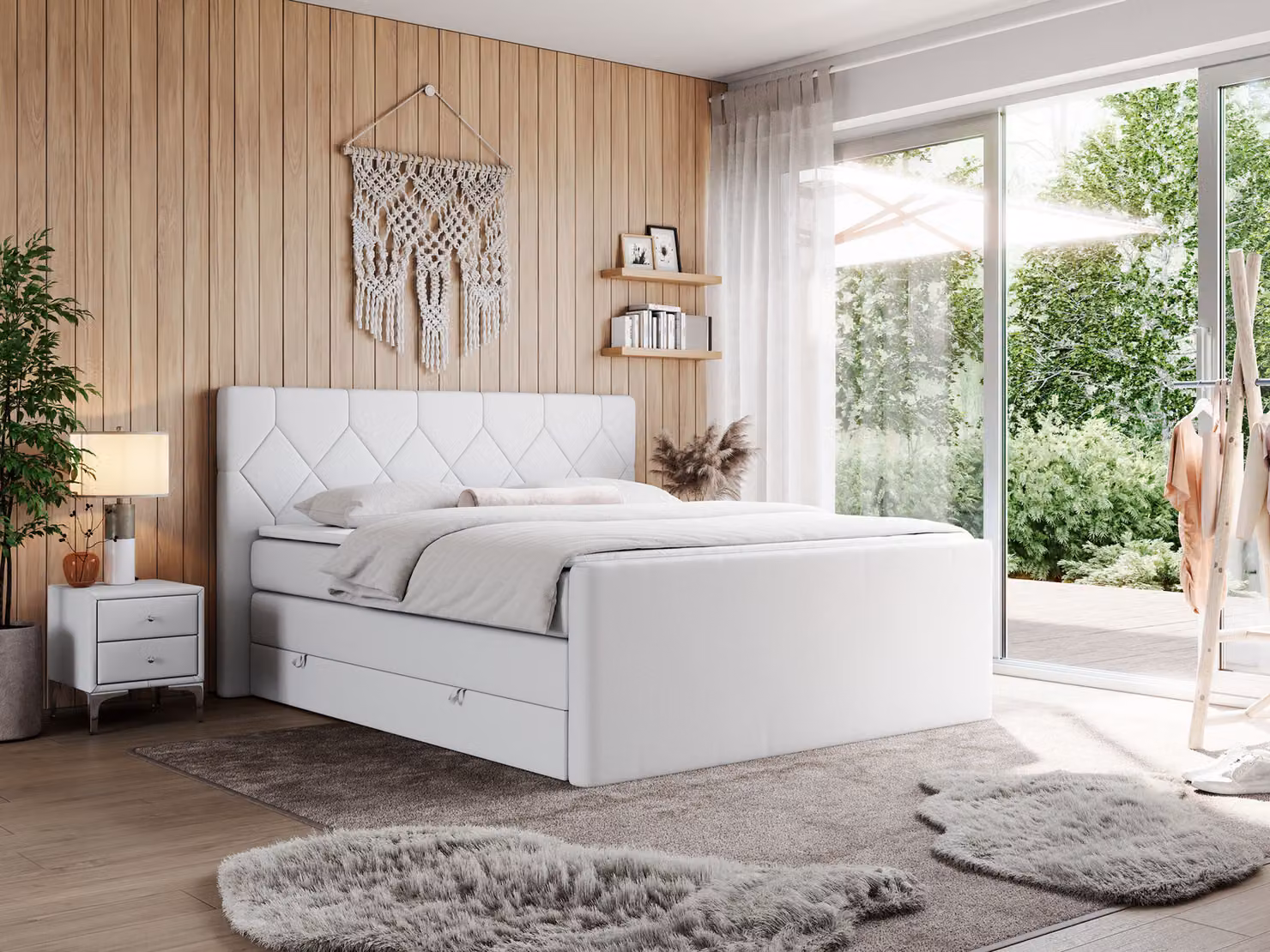 Letto boxspring con materasso matrimoniale, due cassetti portaoggetti, coprimaterasso, per camera da letto - KING EIGAR - 180x200 cm - Bianco - H4