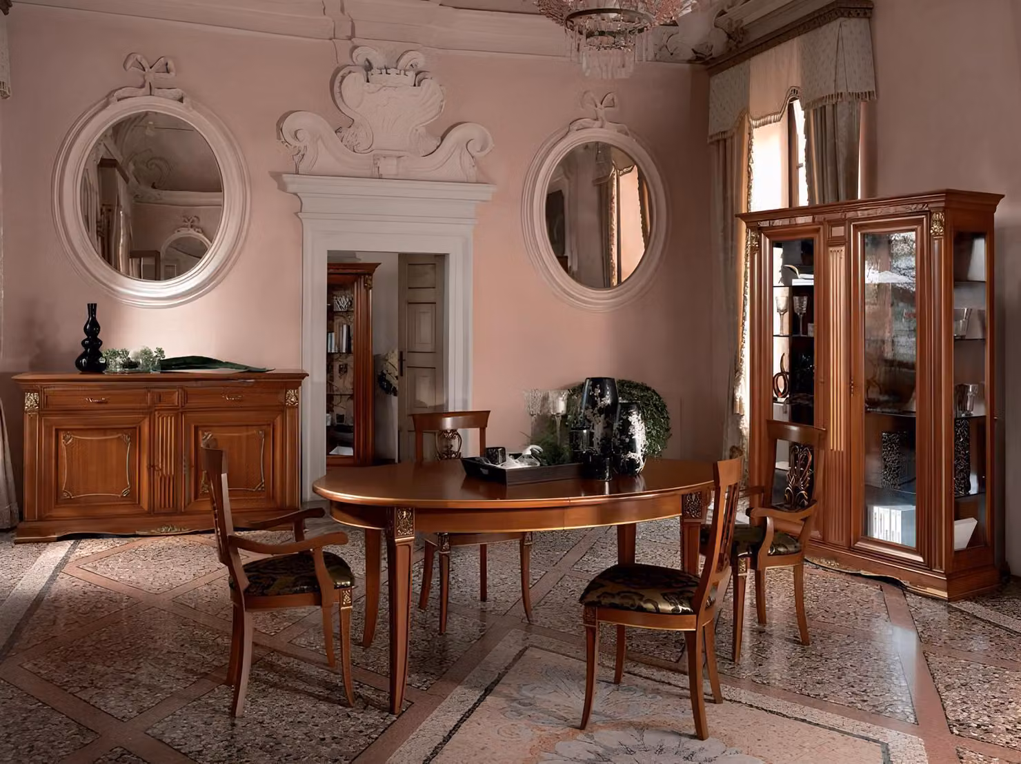 Klassisches Esszimmer Set Ovaler Tisch 4 Stühle Sessel Gruppe Garnitur Set