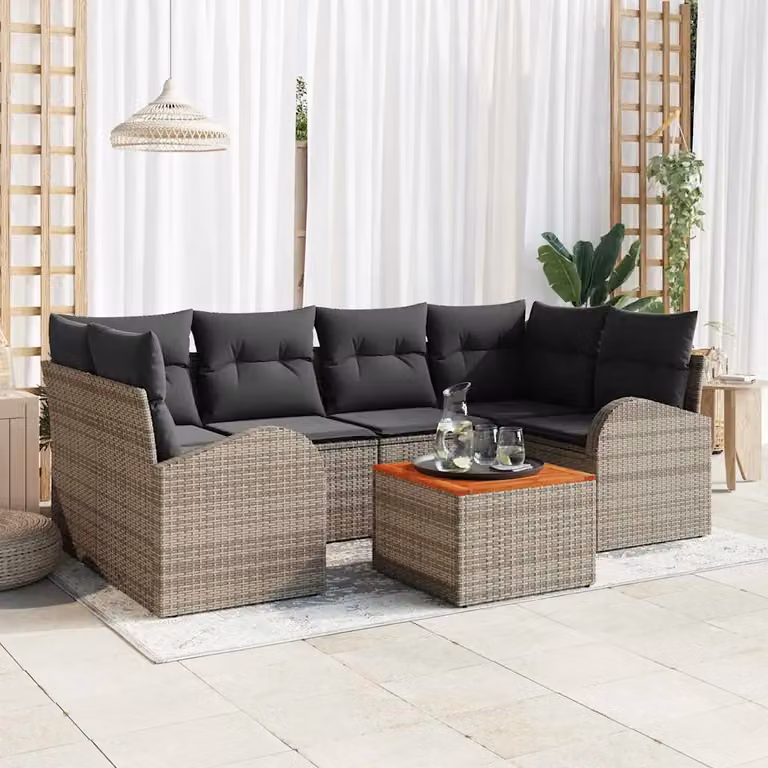 Set Divano da Giardino vidaXL 7 Pezzi a Forma di L con Cuscini e Tavolino Grigio