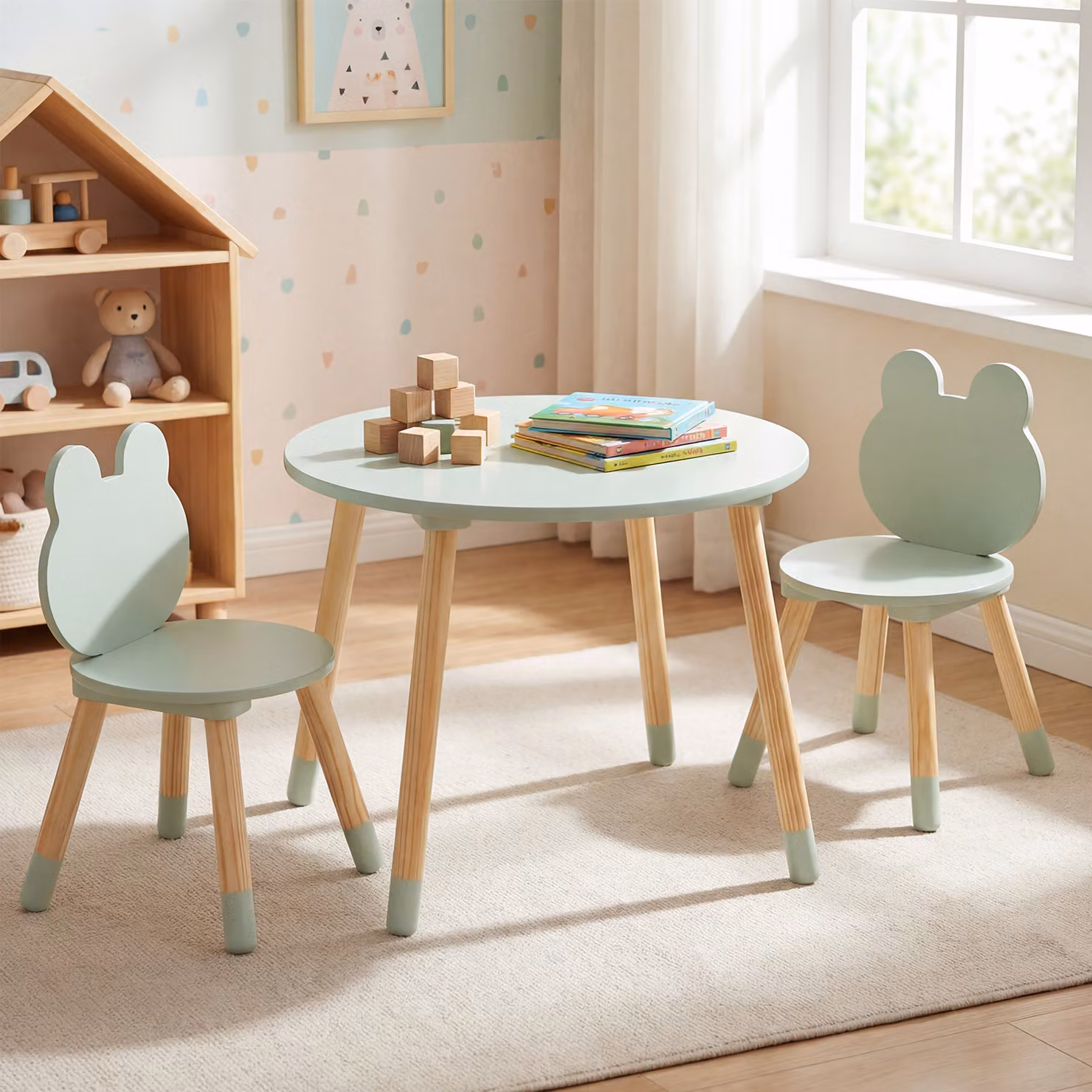 Set tavolo e sedie Costway a forma di rana per bambini con gambe in legno, colore verde, ideale per casa e asilo dai 3 ai 6 anni