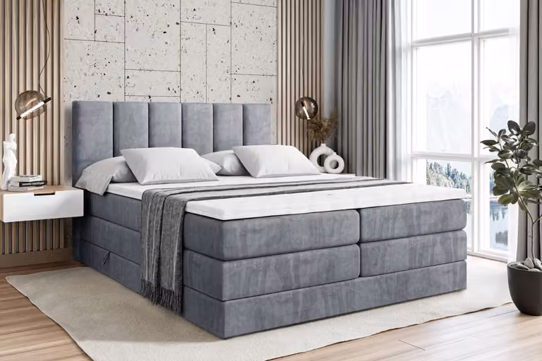 Letto boxspring ALTDECOR con 2 materassi e topper - 160x200 cm - BOXI1 KING - Velluto grigio - Letto imbottito con materassi H3 e H4, contenitore e rete a doghe, letto con spazio contenitivo