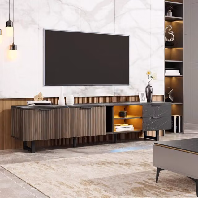 Mobile TV 200x38x50 cm; 2 ante e 2 cassetti con LED multicolore; MDF nero e legno