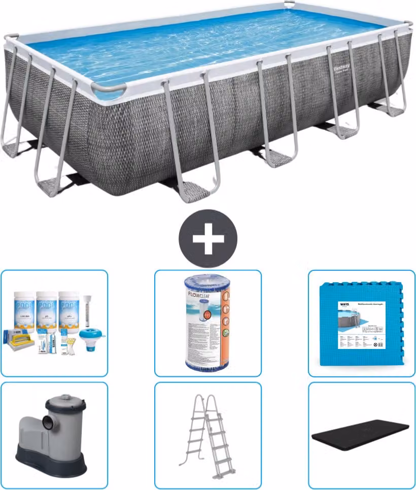 Piscina rettangolare Power Steel Bestway - stampa rattan - 549 x 274 x 122 - inclusa pompa - scaletta - copertura pacchetto manutenzione - filtro - pavimento in piastrelle