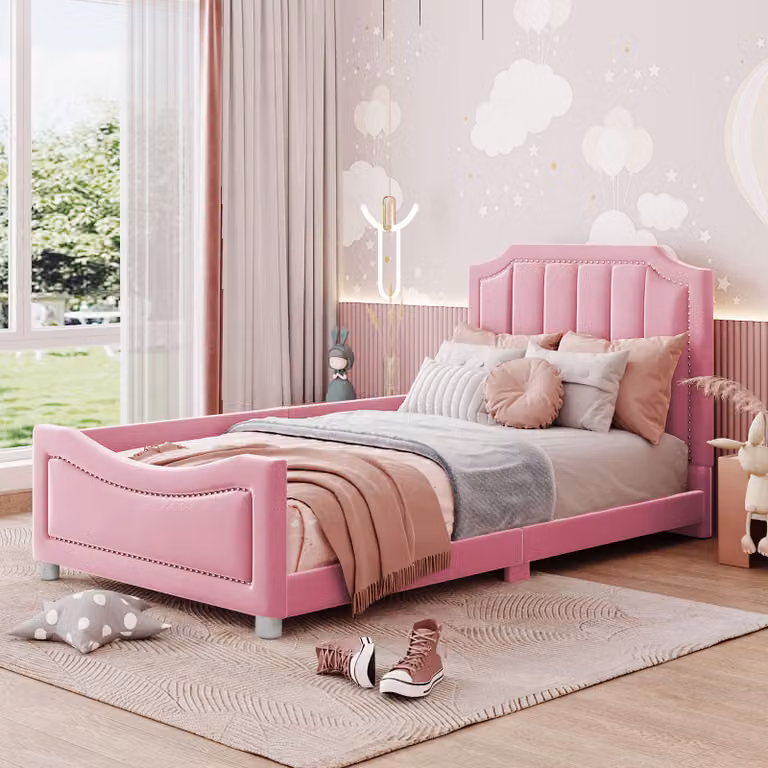Letto imbottito Merax 90x200cm, letto per bambini in velluto con schienale, letto per ragazzi letto singolo letto per ospiti divano letto, rosa
