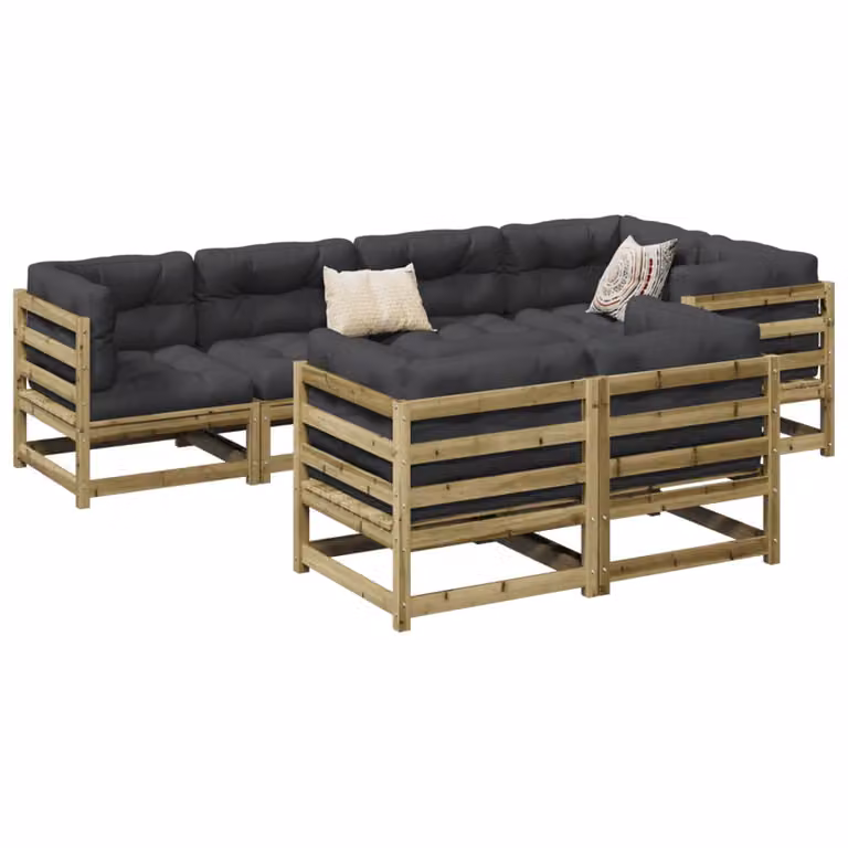 Set di divani da giardino vidaXL in legno di pino a forma di L, 7 pezzi con cuscini inclusi, marrone e grigio