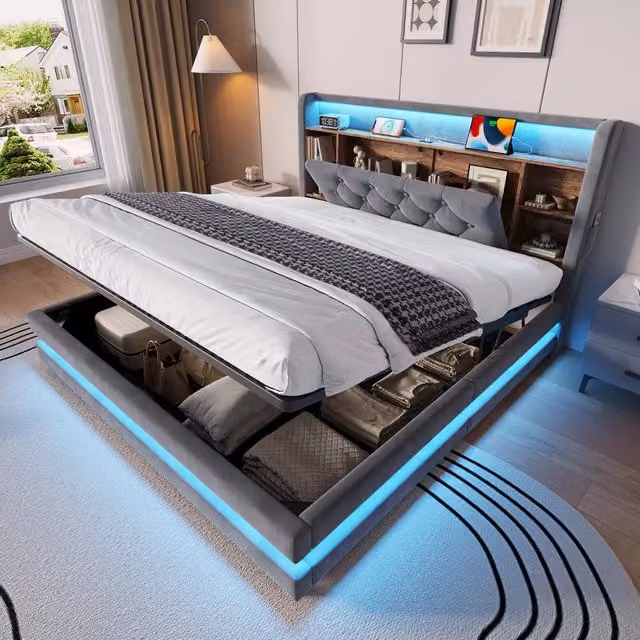 Letto contenitore 140 × 200 cm 2 posti con LED, 2 USB e porta di tipo C, senza materasso, velluto grigio scuro