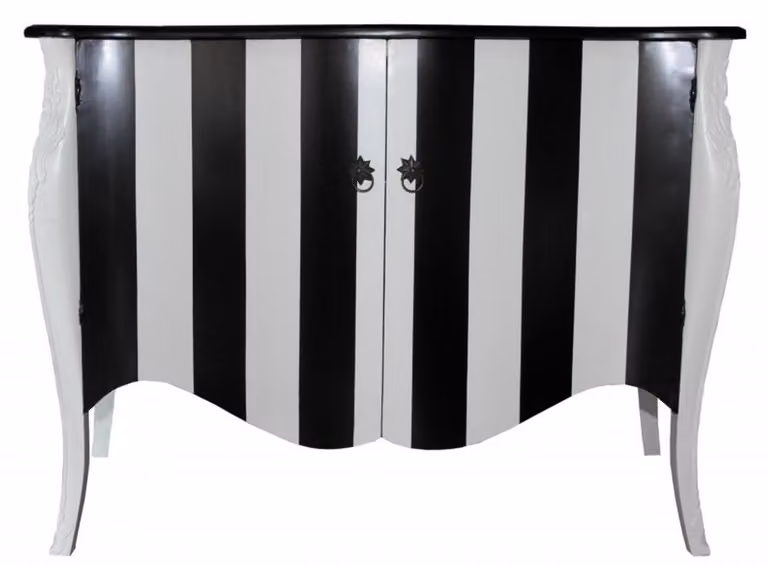 Comodino Casa Padrino in stile barocco, a righe bianche e nere, in legno massello, dimensioni 120 x 60 x 87 cm