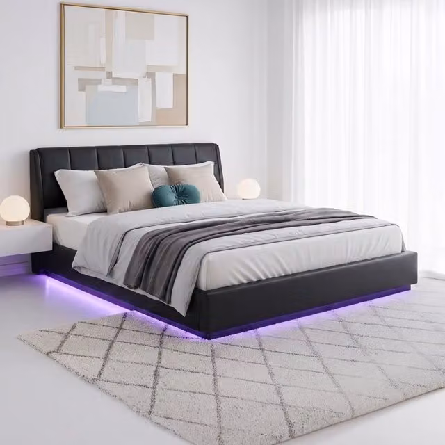 Letto Matrimoniale King Size Contenitore Tröstiar en.casa con Apertura a Ribalta, Luce LED e Rivestimento in Similpelle Nero, L/P: 180 x 200 cm
