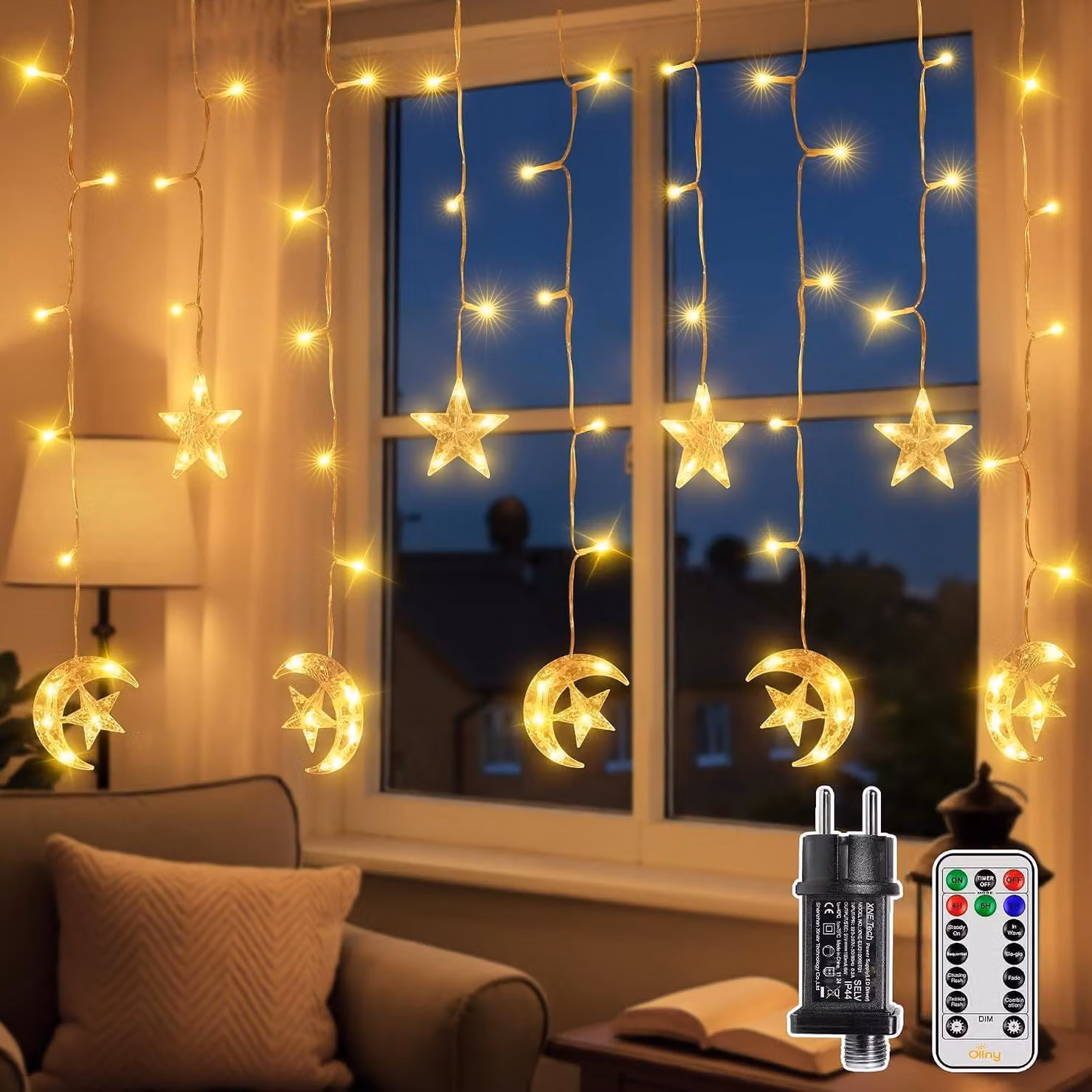 Catena luminosa a LED, lunghezza 3 metri, 144 LED, motivo stelle e luna, effetto tenda, luce bianco caldo
