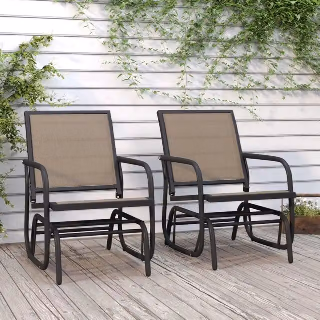 Set di 2 sedie a dondolo da giardino vidaXL in acciaio marrone con seduta in textilene e braccioli, L: 61 cm, P: 76 cm, H: 87 cm