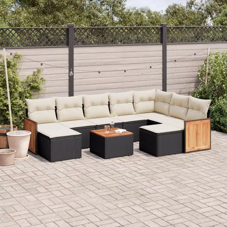 vidaXL Set Divani da Giardino 10 Pezzi in Polyrattan Nero con Cuscini e Tavolino da Esterno