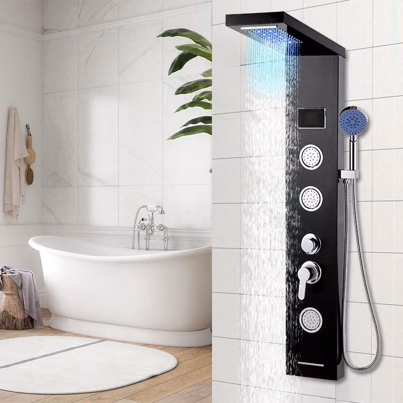 Pannello doccia Ikodm 5 in 1 in acciaio inossidabile 304 nero, con doccia a pioggia, getto a cascata, getto massaggio, soffione manuale e scarico per vasca, dotato di display LED, con attacco G1/2