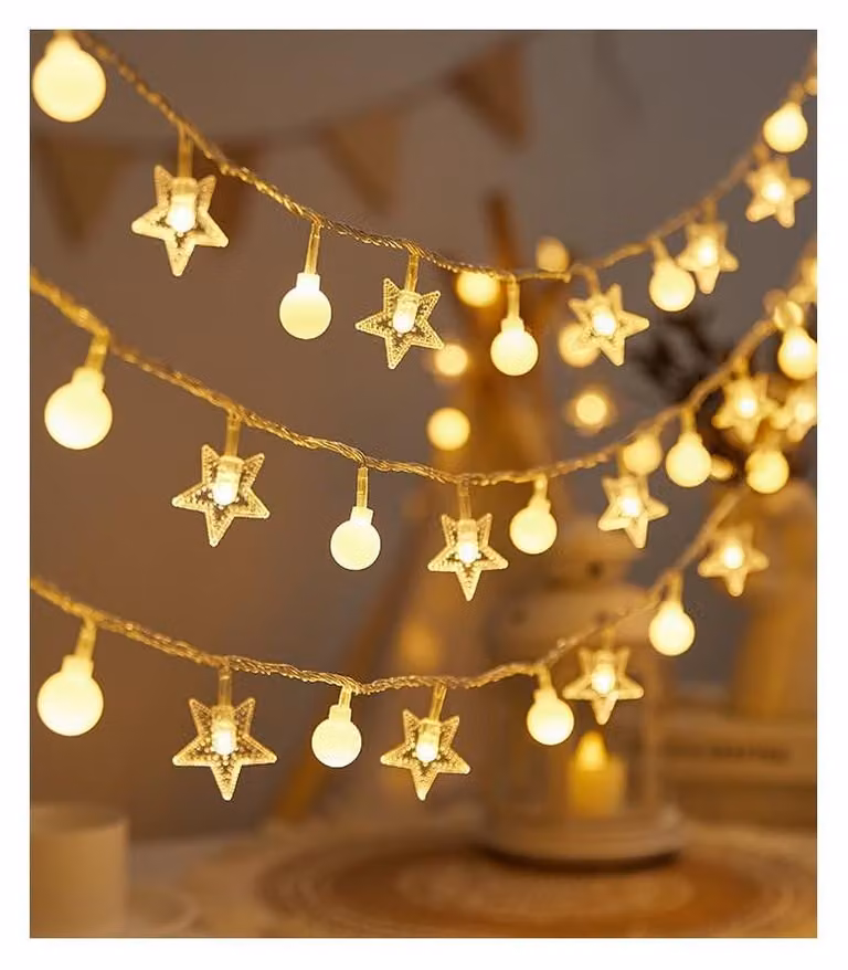 Catena luminosa a LED, 10 metri, 80 LED a forma di stella e sfera, alimentazione USB, luce bianco caldo