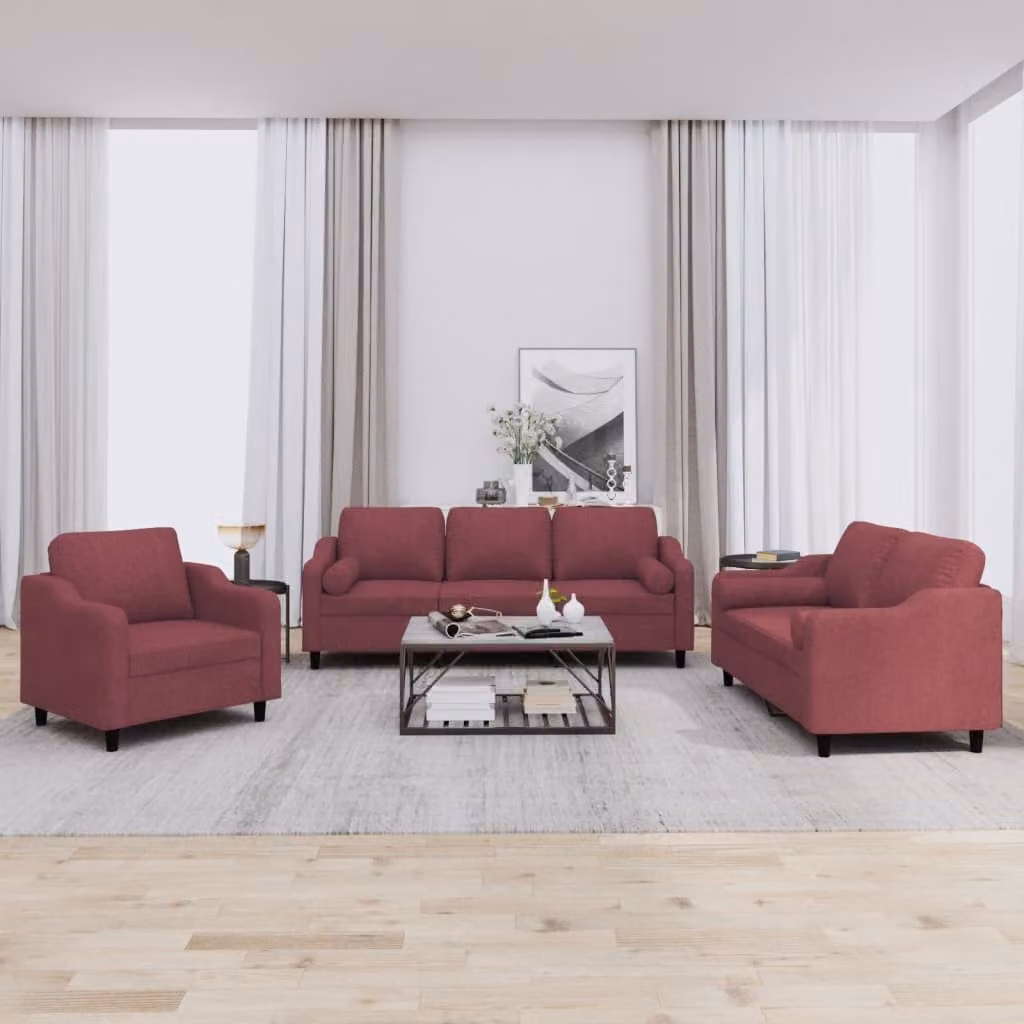 vidaXL Set di Divani 3 Pezzi Moderno in Tessuto Rosso con Cuscini e Braccioli – 1