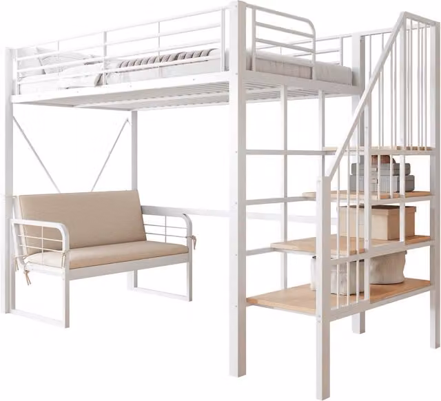Letto a castello 90x200 cm con scala contenitore e divano imbottito removibile; bianco