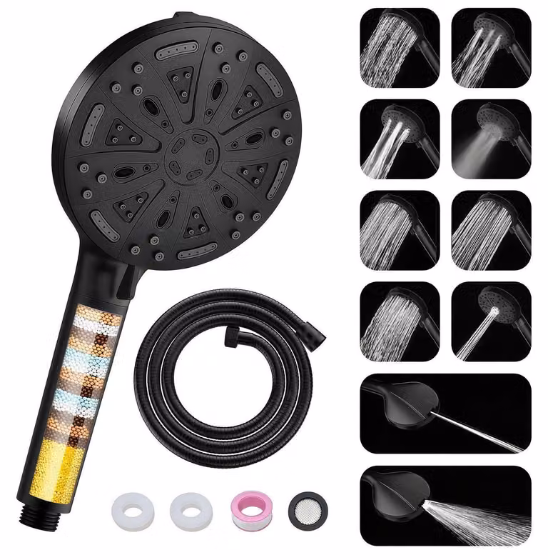 Doccia con flessibile, 10 modalità di spruzzo, filtro a 20 strati, colore nero
