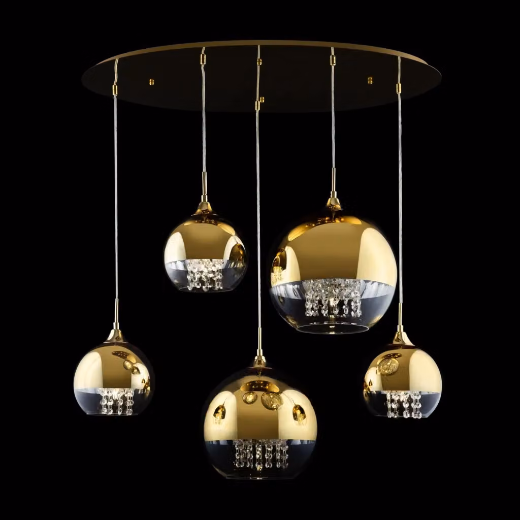 Lampadario a sospensione Maytoni Fermi con 5 luci in vetro e cristallo color oro e ottone – 2