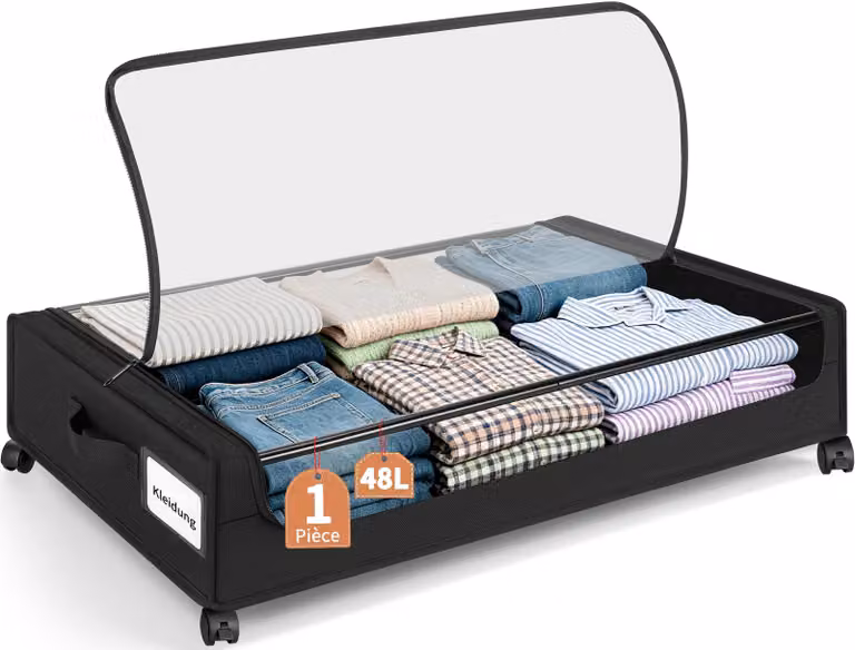 Contenitore di stoccaggio con ruote, capacità 48 litri, con finestra trasparente e struttura in metallo, ideale per abbigliamento e scarpe