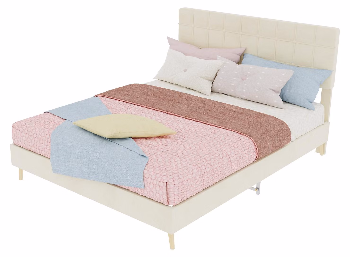 Letto imbottito 140x200 cm, beige, con struttura in tessuto, testiera imbottita con motivo a rombi e struttura in legno, ideale per la camera da letto