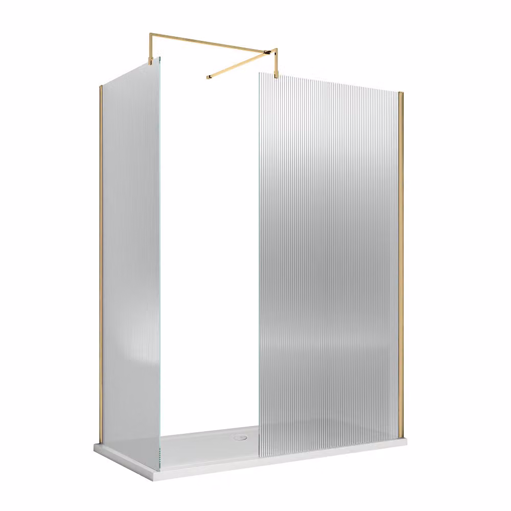 Box Doccia Walk In Ottone Spazzolato in Vetro Scanalato con Piatto Doccia - 1400mm x 800mm - Senza Anta Paraspruzzi