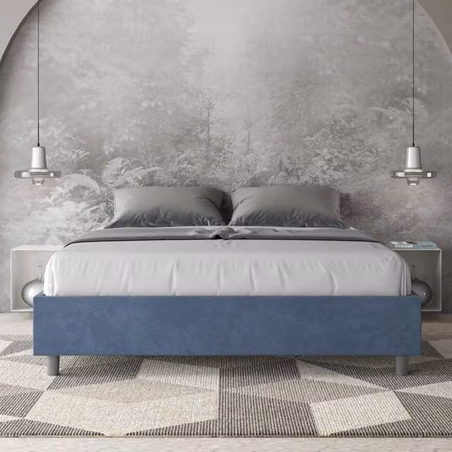 Letto queen size contenitore imbottito 150x200 microfibra blu Azelia