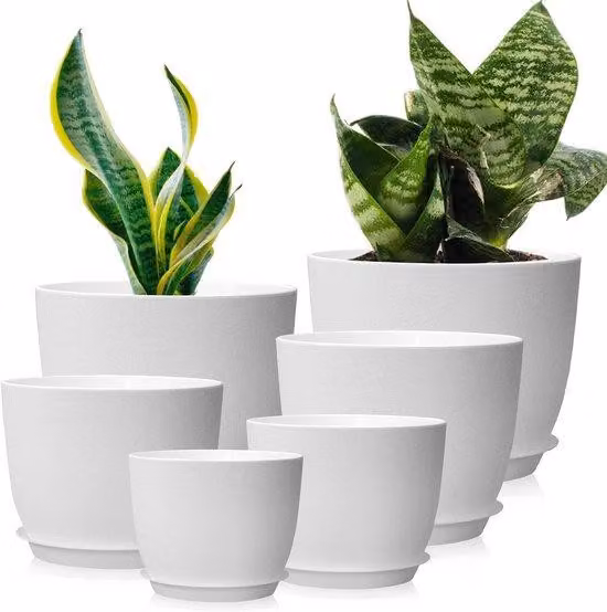 Vasi da fiori in plastica - set moderno - bianco - 25/23/20/18/16/13 cm