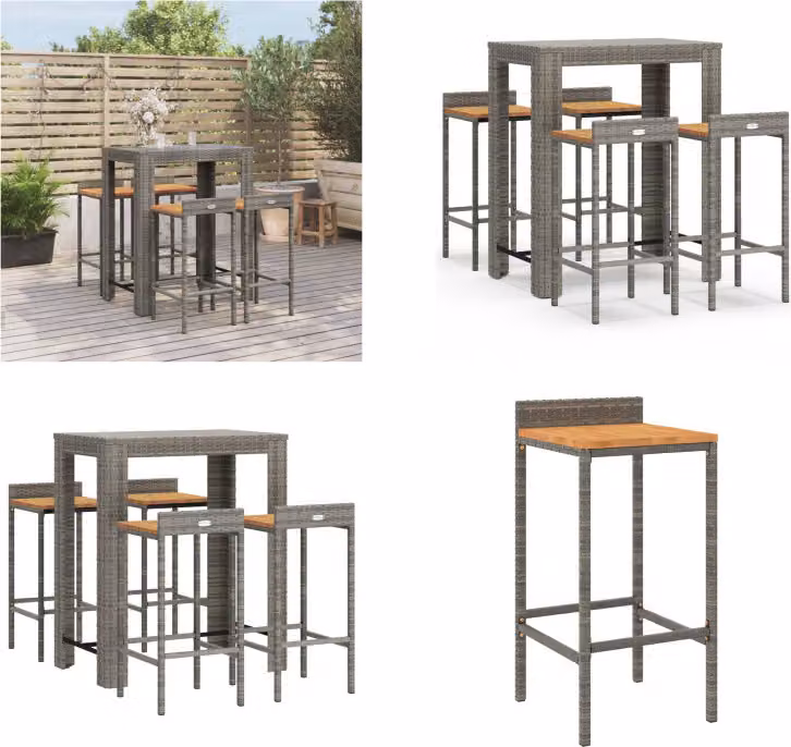 vidaXL Set bar da giardino 5 pezzi in poly rattan grigio e legno massiccio di acacia - Set bar da giardino - Set bar da giardino - Set bar da giardino - Bar da giardino