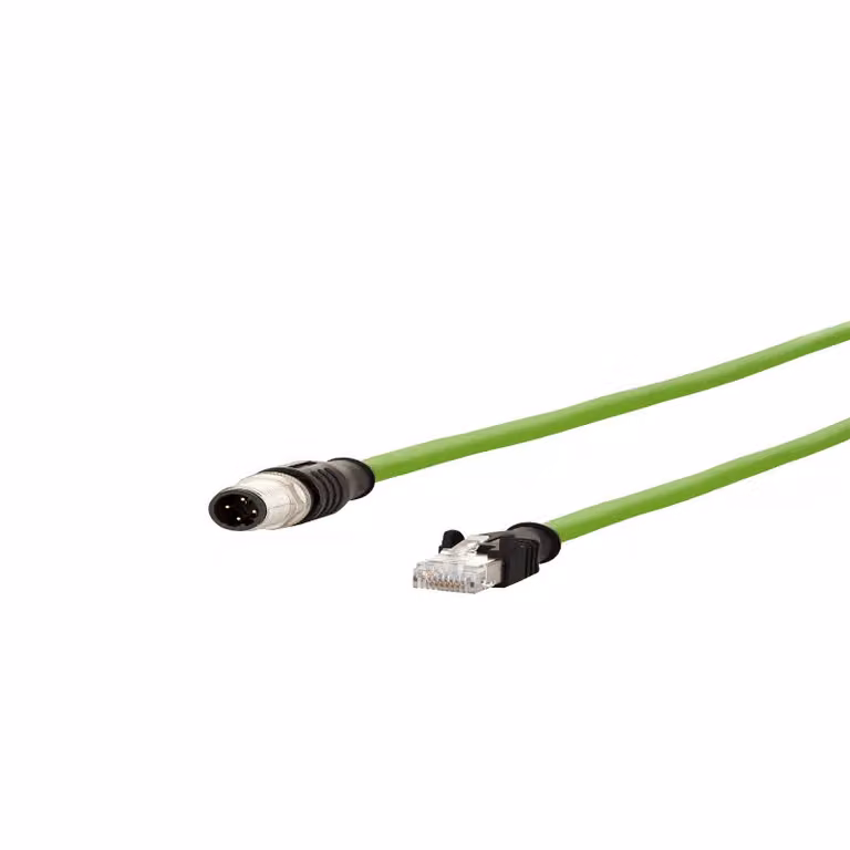Cavo di collegamento Metz Connect M12, codifica D, 3,0 m, AWG 26/19, Cat. 5, connettore M12 diritto - connettore RJ45 diritto, resistente alle catene portacavi, resistente alla torsione, a 4 poli, PUR, verde 142M4D15030
