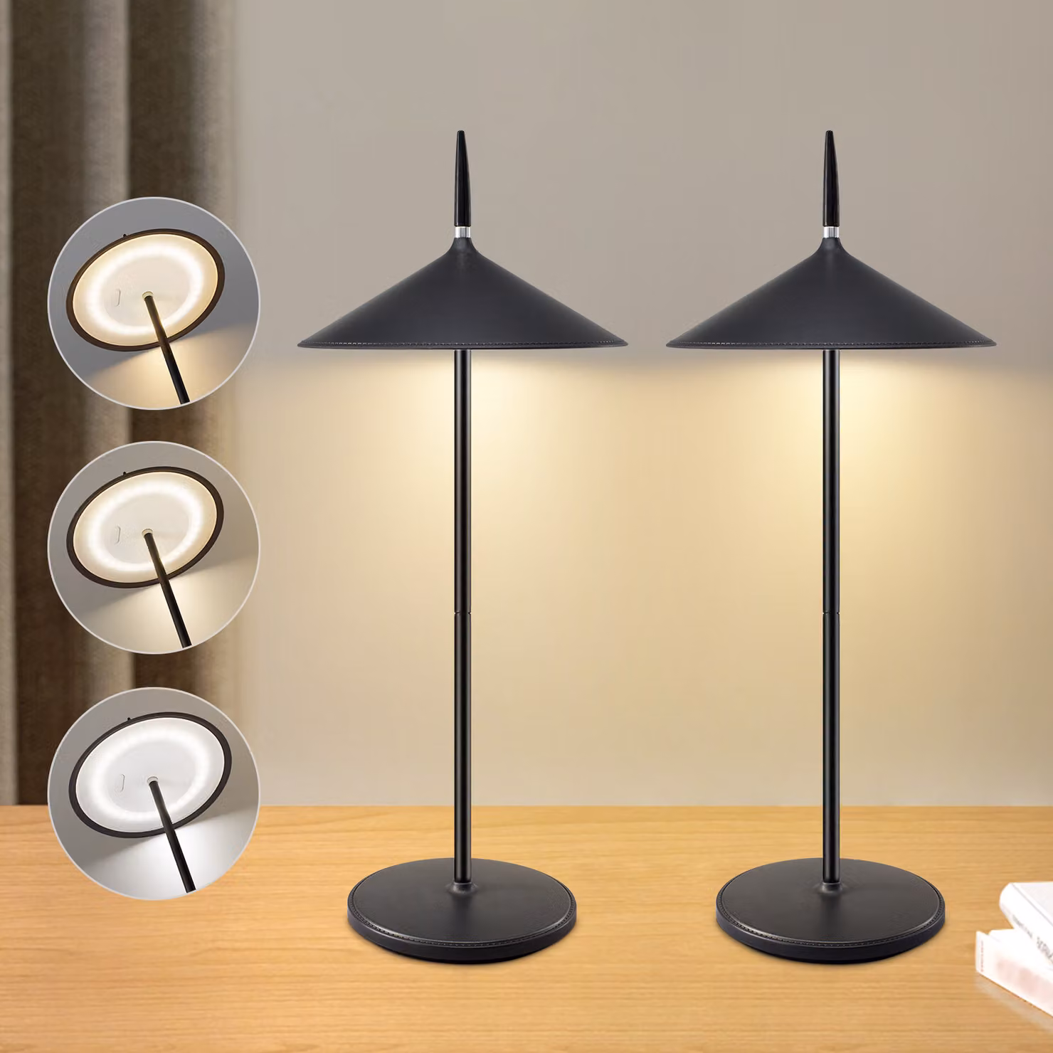 ZMH Lampada da tavolo senza fili, lampada da comodino a batteria, set da 2, lampada da tavolo a LED 1800 mAh, ricaricabile, dimmerabile tramite tocco, nera, moderna, lampada da esterno IP44 con USB per balcone, giardino, tavolo da pranzo, campeggio