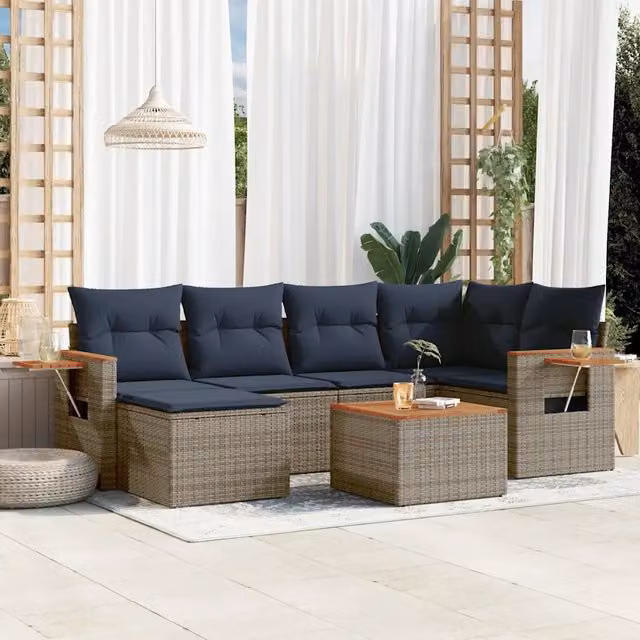 Set Divani da Giardino 7 pz con Cuscini Grigio in Polyrattan 3227027