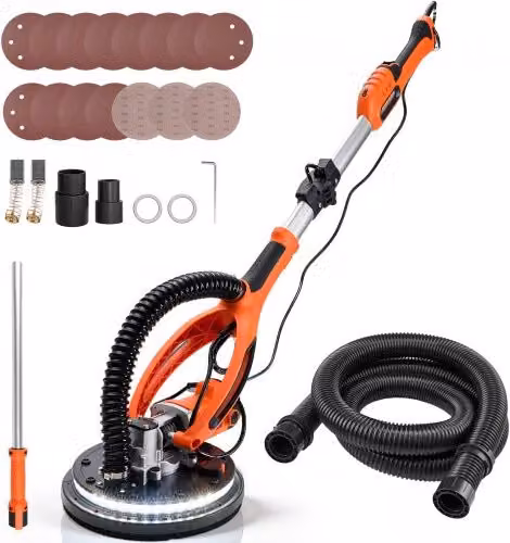 Levigatrice elettrica per cartongesso VEVOR arancione con motore da 850 W, 5 velocità variabili da 800 a 1700 giri/min e manico estensibile per pareti e soffitti