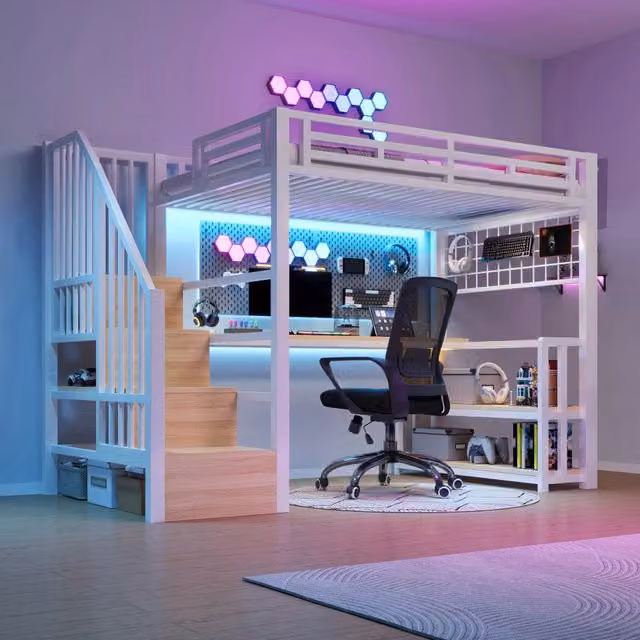 Letto a soppalco con scrivania e LED - Zephmum- 90x200 cm, Bianco, con USB e ripostiglio