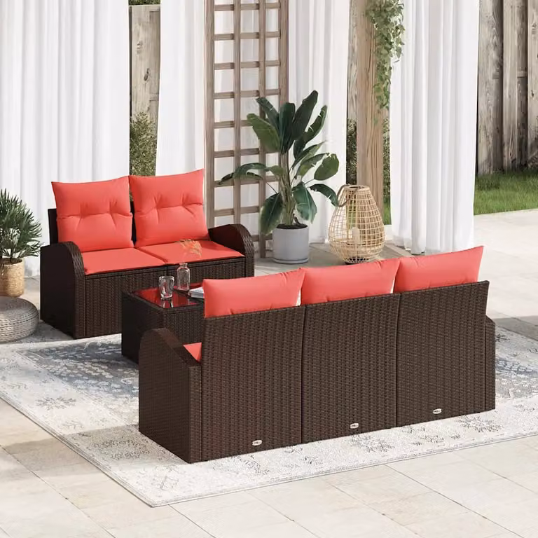 Set di divani da giardino vidaXL a forma di U composto da 6 pezzi con tavolino, colore marrone e rosso, struttura in acciaio verniciato a polvere e cuscini inclusi