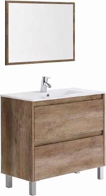 Mobile Bagno Con Lavandino In Ceramica E Specchio Abbinato 2 Cassettoni Ammortizzati Stile Essenziale 80 x 45 x 80 Cm Finitura Quercia