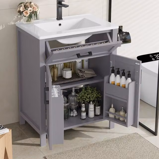 Mobile bagno da terra 60x46x84,8 cm con lavabo in ceramica integrato, 2 ante, cassetti e ripiani regolabili, finitura laccata, grigio
