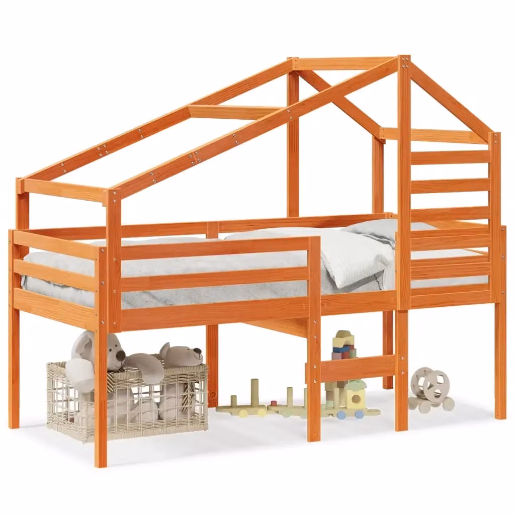 vidaXL Letto a Soppalco con Tetto per Bambini in Legno di Pino Marrone Cera L/P: 90 x 200 cm – 2