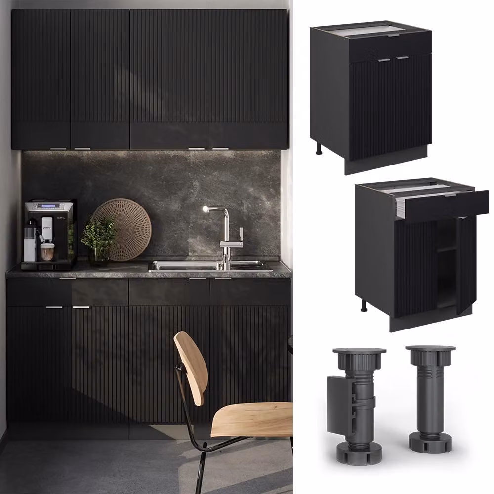 Mobiletto base per cucina Vicco Fame-Line Nero rigato/Antracite con cassetto, senza piano di lavoro, L: 60 cm, H: 82 cm, P: 51,6 cm – 2