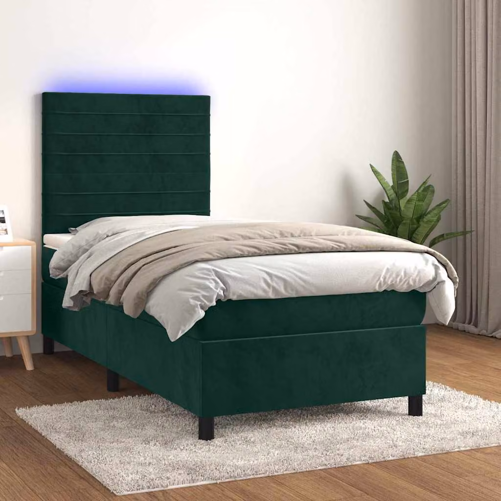 Letto a Molle con Materasso e LED vidaXL in Velluto Verde Scuro L/P/H: 90 x 190 cm – 1