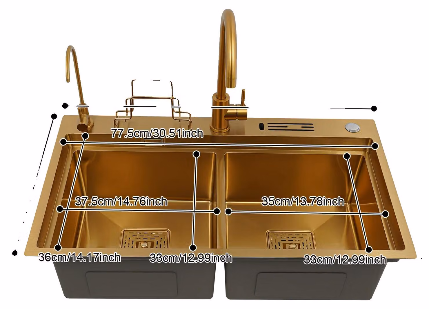 Lavello da cucina, doppio bacino, acciaio inox, 82 x 46 cm Oro