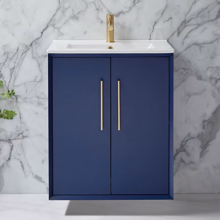 Mobile Bagno Sospeso Blu Marino 610mm con Lavabo e Maniglie con Barra a T in Oro Satinato - Edge