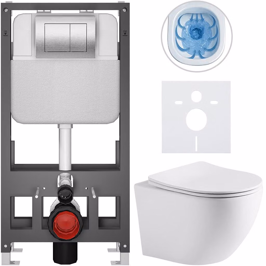 Set completo per WC a pavimento "Cesso" - bianco opaco - pulsante Prime/Maxio, argento - modello autoportante - installazione a muro/con pannelli di cartongesso - dimensioni 49x36 cm