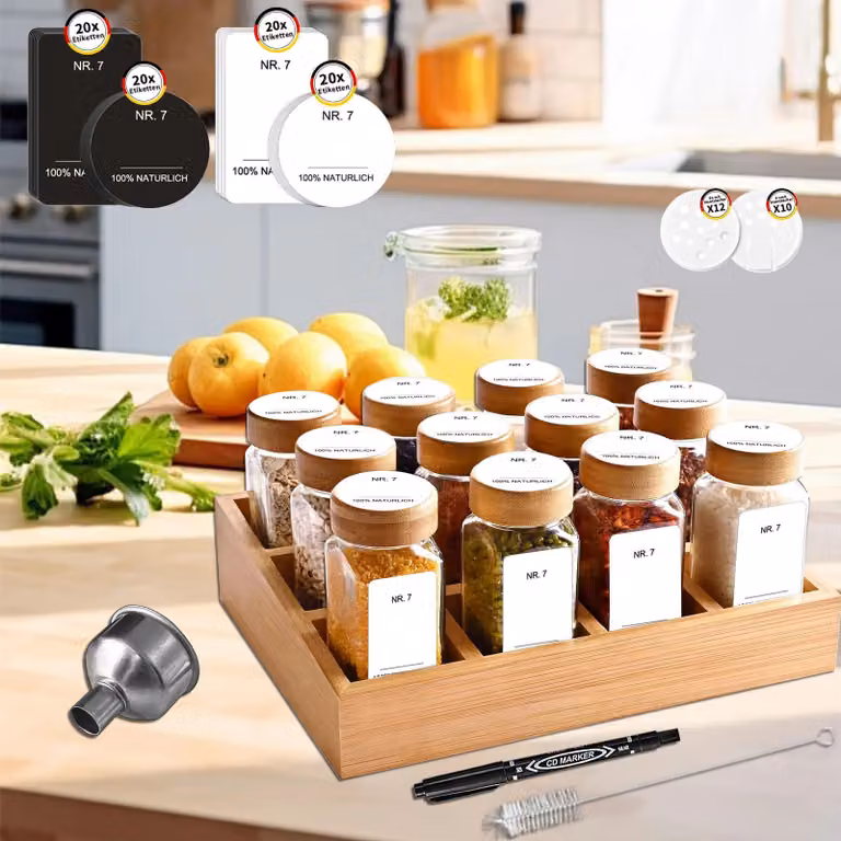 Portaspezie in bambù - Supporto a 12 scomparti - 12 barattoli in vetro da 120 ml - Coperchi in bambù - Con etichette - Senza BPA - Rettangolare - Multicolore