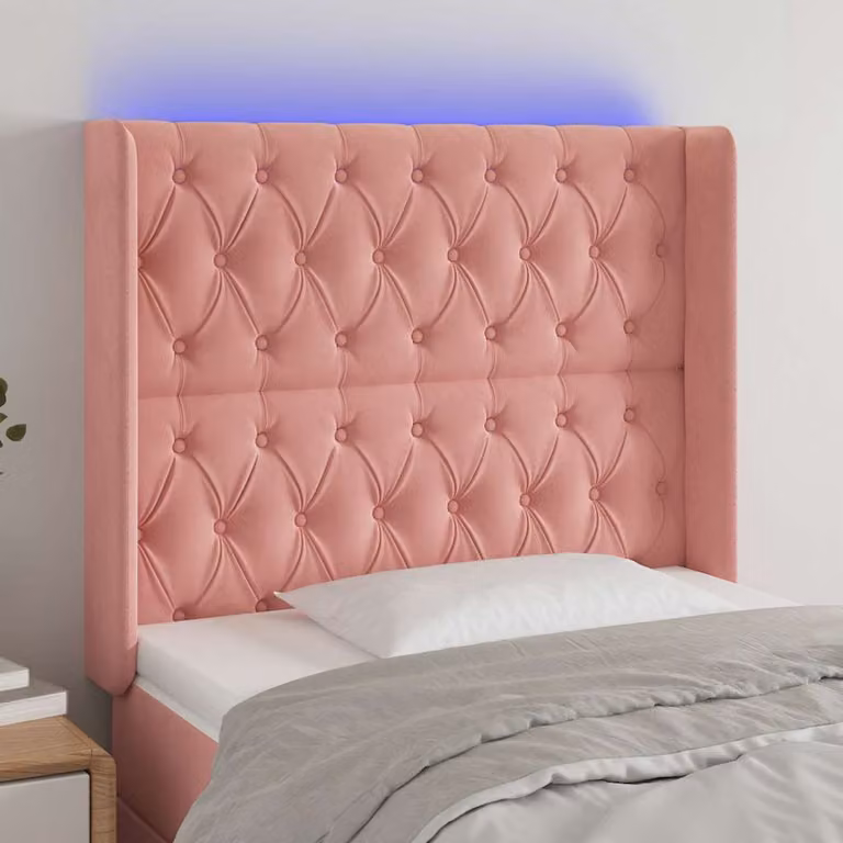 Testiera per letto vidaXL in velluto rosa con illuminazione LED e porta di ricarica USB, L: 103 cm, P: 16 cm, H: 118/128 cm