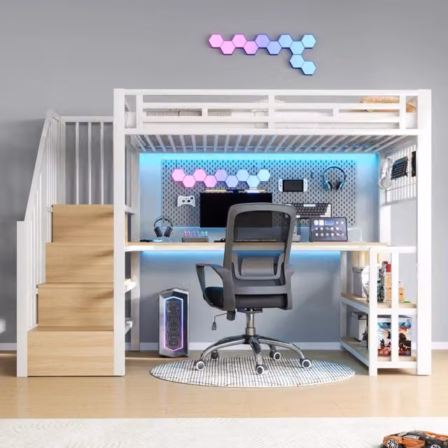 Letto a soppalco 90x200 cm bianco con scrivania, LED, USB e ripiani