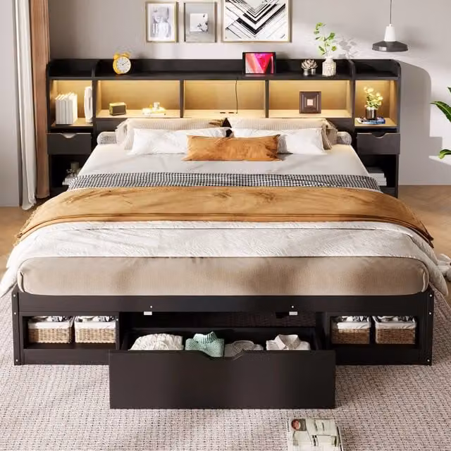 Letto Mivray con cassetti e illuminazione LED in MDF nero L/P: 180 x 200 cm